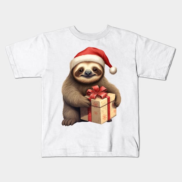 Baby Christmas Sloth With Gift Kids T-Shirt by Chromatic Fusion Studio